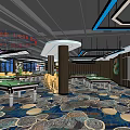 Modern Billiard Room Interior With Multiple Tables Patterned Carpet And Lighting Design 3d model