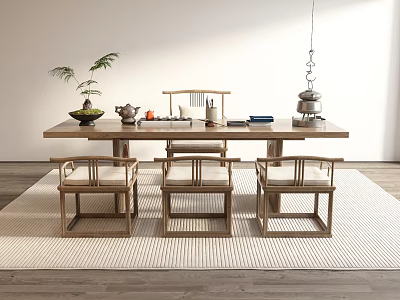 Natural Wooden Tea Table And Chairs With Tea Set Plant And Books In Cozy Interior 3d model
