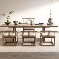 Natural Wooden Tea Table And Chairs With Tea Set Plant And Books In Cozy Interior