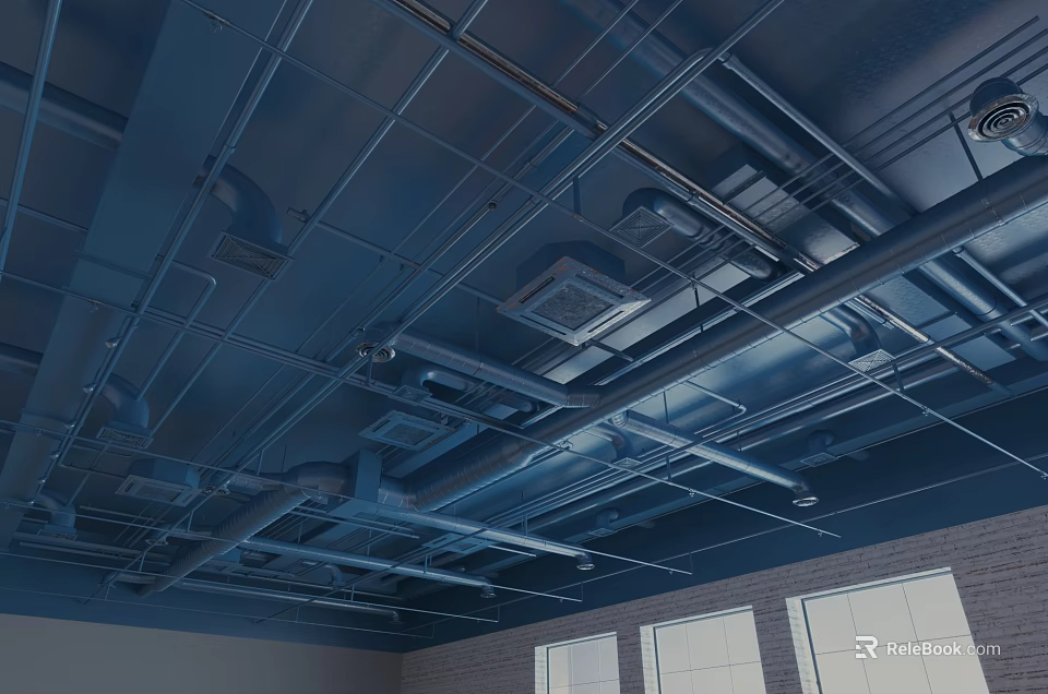 Industrial Blue Ceiling With Exposed Metal Pipes And Structural Beams 3d model 