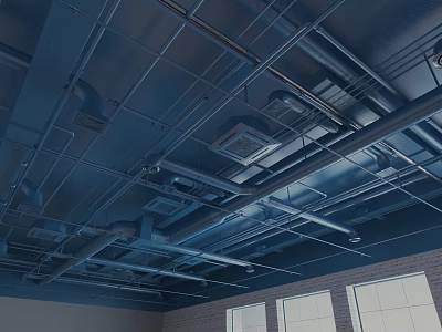Industrial Blue Ceiling With Exposed Metal Pipes And Structural Beams 3d model