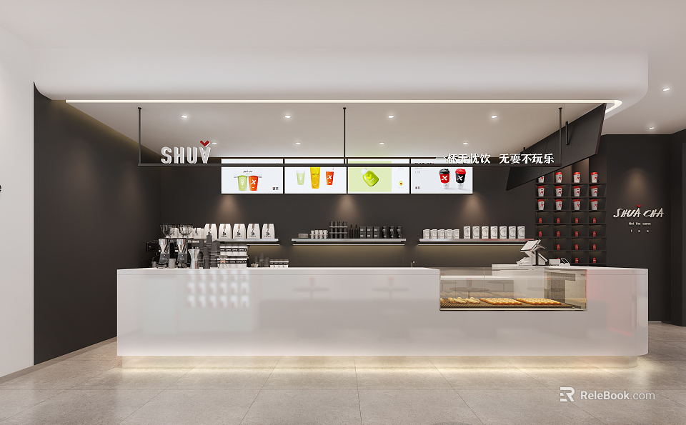 Modern Milk Tea Shop Interior With White Counter And Drink Display Menu 3d model 