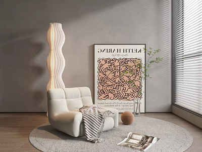 Lazy Sofa On Gray Rug With Wave Shaped Floor Lamp Geometric Painting And Plant 3d model