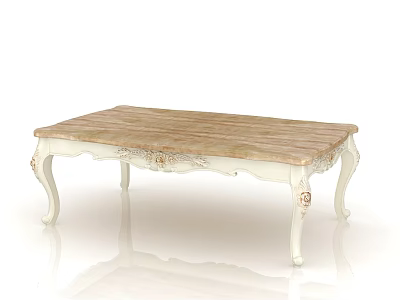 Classic European Style Coffee Table With Wooden Top And White Carved Legs 3d model
