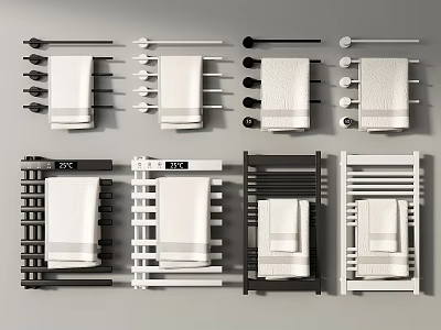 Soft White Towels Hanging On Modern Black And White Towel Racks With Different Designs 3d model