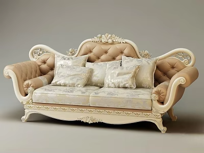 Ornate Carved Double Sofa with Tufted Back Curved Arms and Patterned Decorative Pillows 3d model