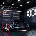 Futuristic Black Sports Car With Orange Wheels Neon Lights And Digital Display Showroom