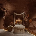 Cave Like SPA Sauna Retreat With Canopy Massage Bed Round Mirror And Pool Plants