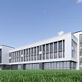 Modern School Building Exterior Design With White Walls Large Glass Windows And Green Lawn