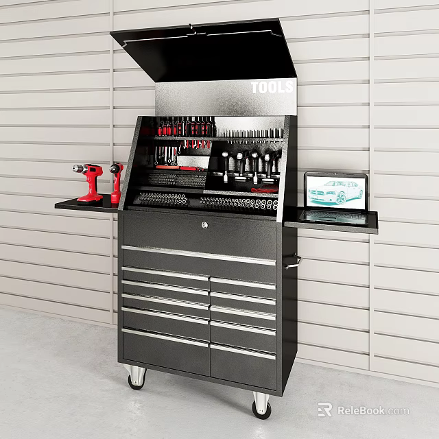 Hardware Tools Neatly Arranged In Rolling Tool Chest With Multiple Drawers 3d model 