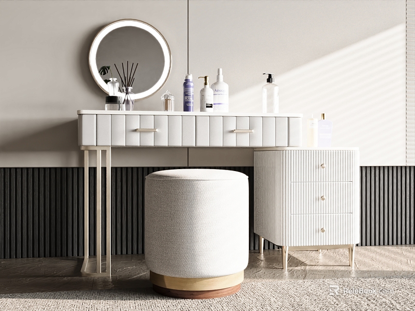 Modern Dressing Table Design With Round Mirror Stool Drawers And Skincare Products 3d model 