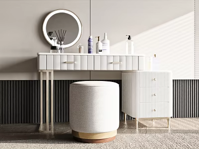 Modern Dressing Table Design With Round Mirror Stool Drawers And Skincare Products 3d model