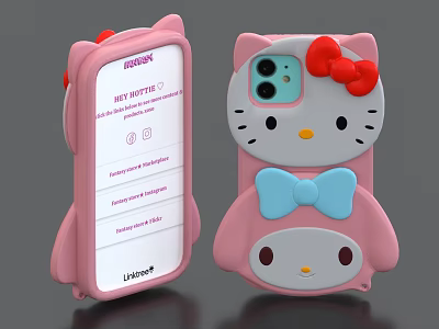 Cute Pink Hello Kitty Phone Case With Red Bow And Camera Protection Design 3d model