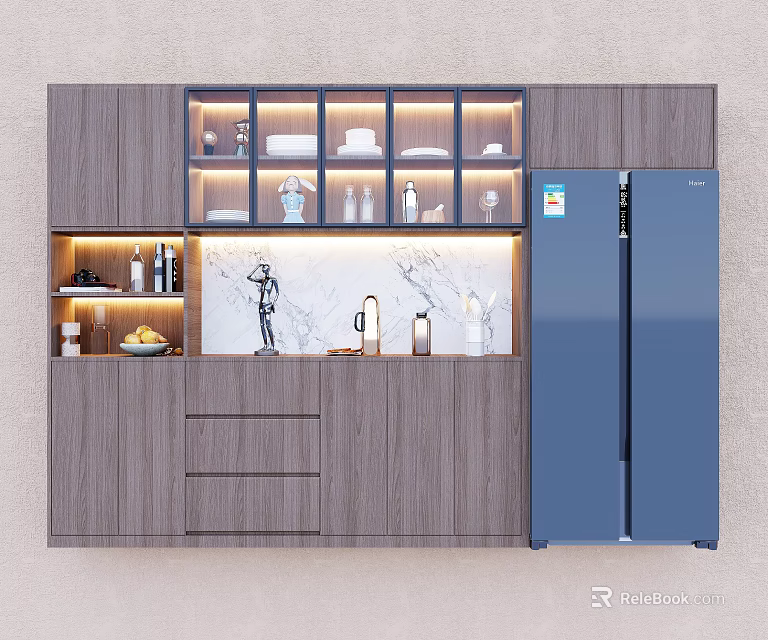 Modern Wine Cabinet With Glass Shelves Wooden Cabinets And Marble Countertop Near Refrigerator 3d model 