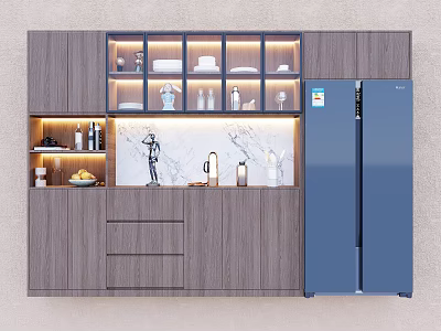 Modern Wine Cabinet With Glass Shelves Wooden Cabinets And Marble Countertop Near Refrigerator 3d model
