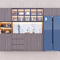 Modern Wine Cabinet With Glass Shelves Wooden Cabinets And Marble Countertop Near Refrigerator