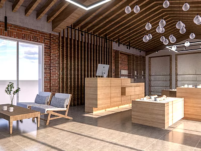 Boutique Interior with Wooden Ceiling Brick Wall Front Desk Sofa Coffee Table in Open Space 3d model