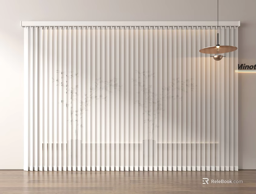 White Vertical Blinds Curtain Design For Modern Interior With Wooden Floor And Pendant Light 3d model 