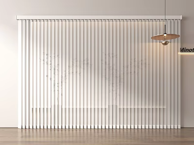 White Vertical Blinds Curtain Design For Modern Interior With Wooden Floor And Pendant Light 3d model