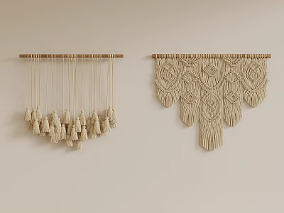 Cream Macrame Wall Hangings With Tassels And Decorative Woven Patterns 3d model