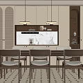 Modern Restaurant Interior With Wooden Dining Table Chairs Pendant Lights Patterned Rug And Decorative Wall Art