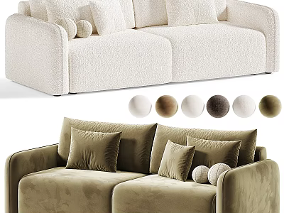Cozy Plush Cream And Olive Green Sofa Set With Soft Fabric Featuring Multiple Decorative Pillows 3d model