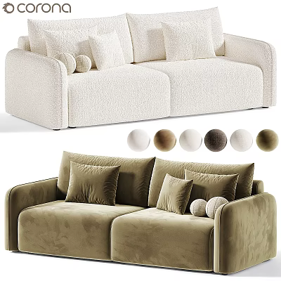 Cozy Plush Cream And Olive Green Sofa Set With Soft Fabric Featuring Multiple Decorative Pillows 3d model