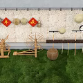 Industrial Equipment Display With Traditional Tools Windmill And Green Grass Setting