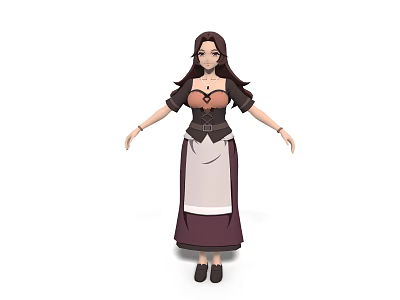 Woman In Maid Outfit With Brown Long Hair White Apron And Black Shoes Standing 3d model