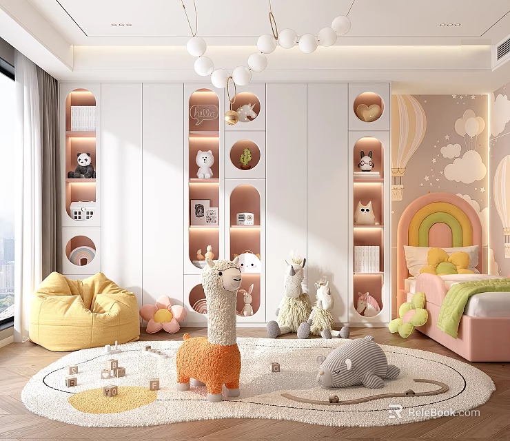 Cheerful Kids Bedroom With Rainbow Headboard Plush Toys Bean Bag And Storage 3d model 