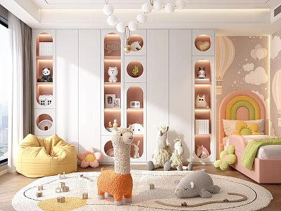 Cheerful Kids Bedroom With Rainbow Headboard Plush Toys Bean Bag And Storage 3d model