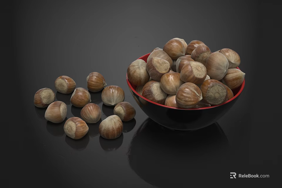 Organic Hazelnuts in Red Bowl Filled and Scattered on Black Background 3d model 