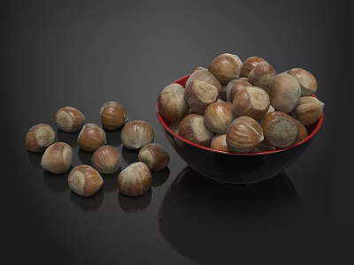 Organic Hazelnuts in Red Bowl Filled and Scattered on Black Background 3d model