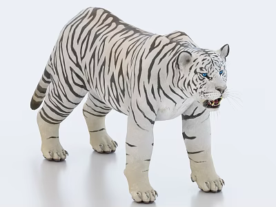 Realistic White Tiger Toy Model With Striped Fur And Blue Eyes Standing Pose 3d model
