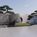Modern Garden Landscape Featuring Curved Entrance Sculpted Pine Trees And Water Surface