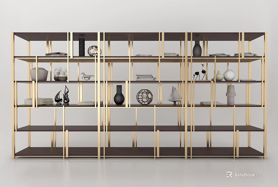 Modern Decorative Cabinet With Gold Frame And Multi Layer Shelves Displaying Vases Sculptures And Plates 3d model 