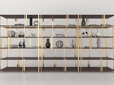 Modern Decorative Cabinet With Gold Frame And Multi Layer Shelves Displaying Vases Sculptures And Plates 3d model