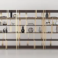Modern Decorative Cabinet With Gold Frame And Multi Layer Shelves Displaying Vases Sculptures And Plates
