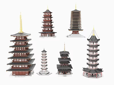 Traditional Chinese Pagodas Featuring Various Architectural Styles And Classic Roof Structures 3d model