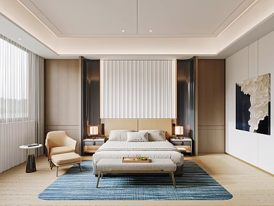 Modern Bedroom Interior Design With Vertical Paneled Headboard Blue Area Rug And Nightstands 3d model