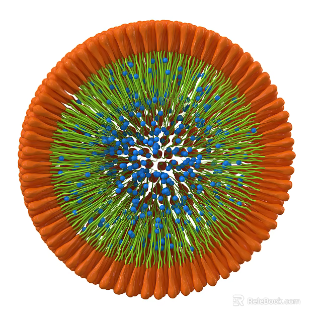 Medical Device Microstructure with Orange Outer Layer Green Inner Section and Blue Brown Particles 3d model