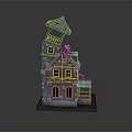 Fairy Tale Style Building Featuring Red Roof Gray Walls Tower Wooden Accents And Lit Windows