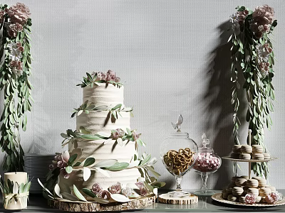 Elegant Tiered White Wedding Cake With Pink Flowers Green Leaves And Desserts Macarons Nuts Candies 3d model