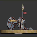 Antique Cannon Weapon Model With Red Blue Wheels Red Flag And Cannonballs On Circular Base