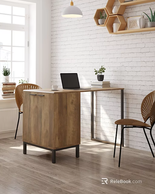 Modern Wooden Desk With Laptop Cup Books Plant And Woven Back Chairs By Brick Wall 3d model 