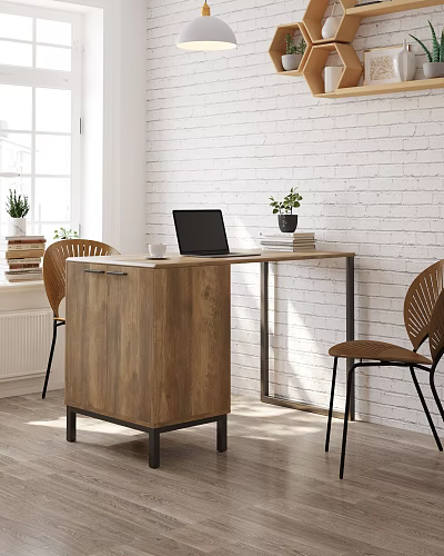 Modern Wooden Desk With Laptop Cup Books Plant And Woven Back Chairs By Brick Wall 3d model