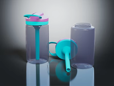 Modern Transparent Water Cups With Teal Straws And Purple Plastic Lids Design 3d model
