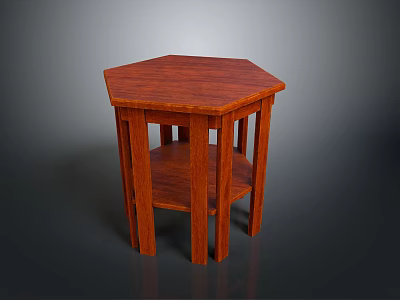 Modern Wooden Small Table With Hexagonal Red Tabletop And Lower Shelf Design 3d model