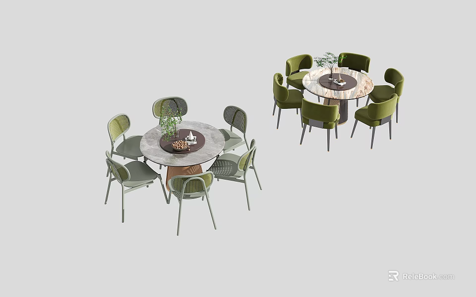 Modern Dining Table Set With Round Marble Top Green Chairs And Decorative Plants 3d model