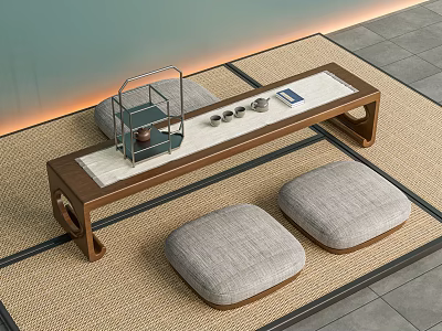Natural Wood Tea Table With Gray Cushions And Tea Set On Tatami Mat 3d model